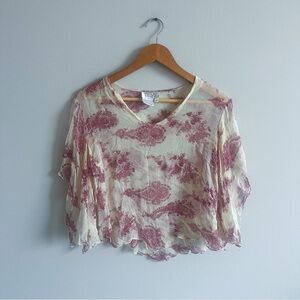 Vintage Tess 100% Silk V-Neck Paisley Print Beaded Sheer Blouse Top 3/4 Sleeves